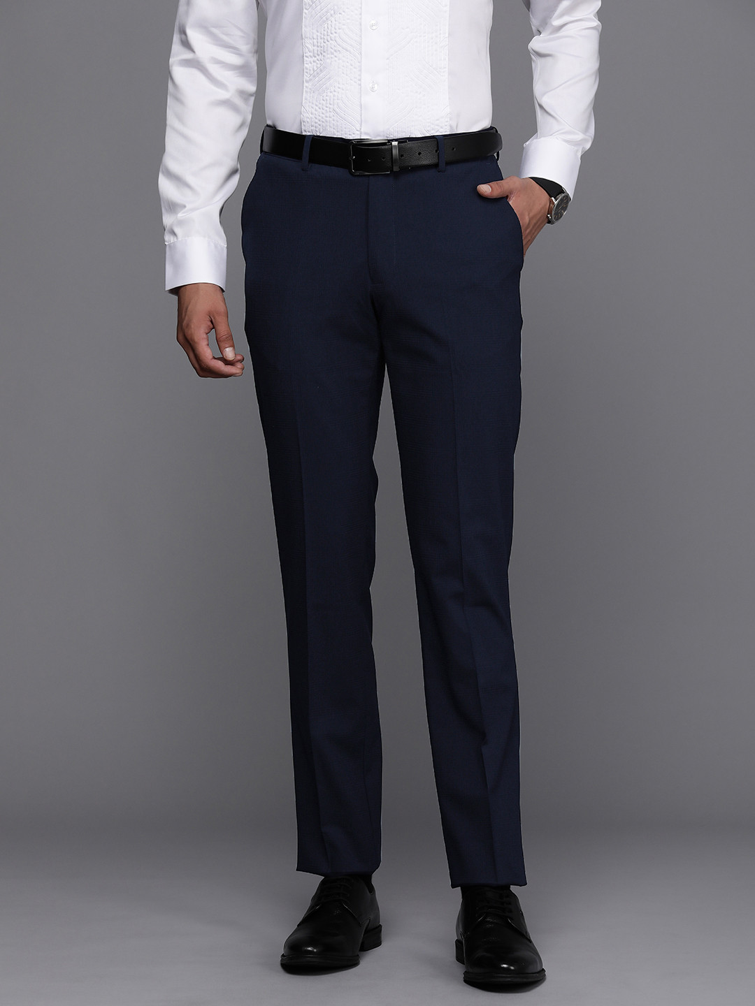 

Louis Philippe Men Self Design Mid-Rise Textured Slim Fit Formal Trousers, Navy blue