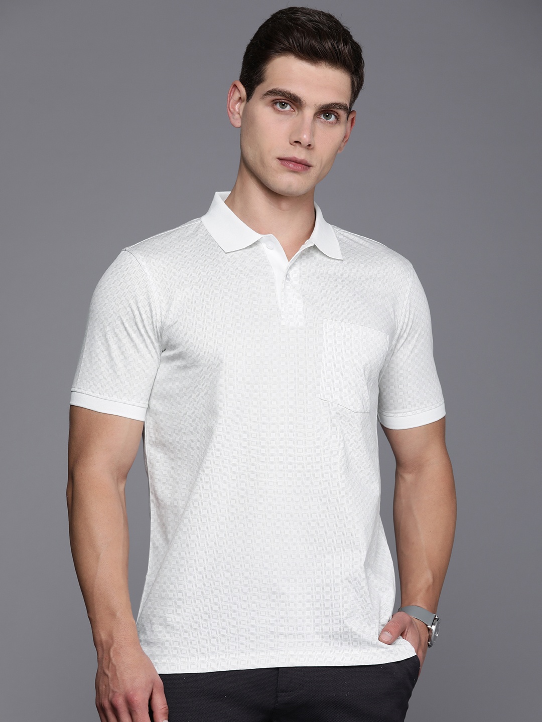 

Louis Philippe Printed Polo Collar Pure Cotton Pockets T-shirt, White