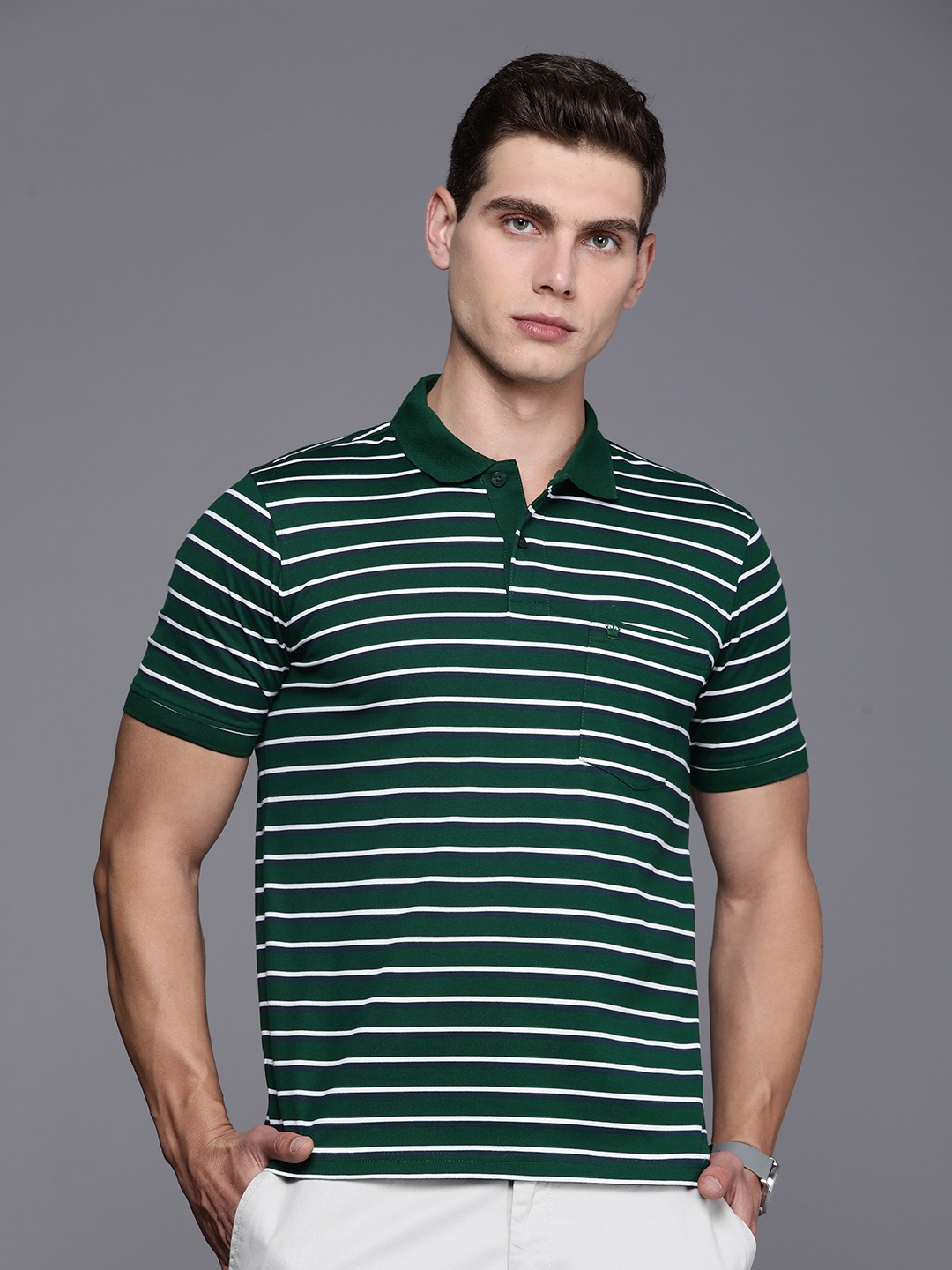 

Louis Philippe Striped Polo Collar Pure Cotton Pockets T-shirt, Green