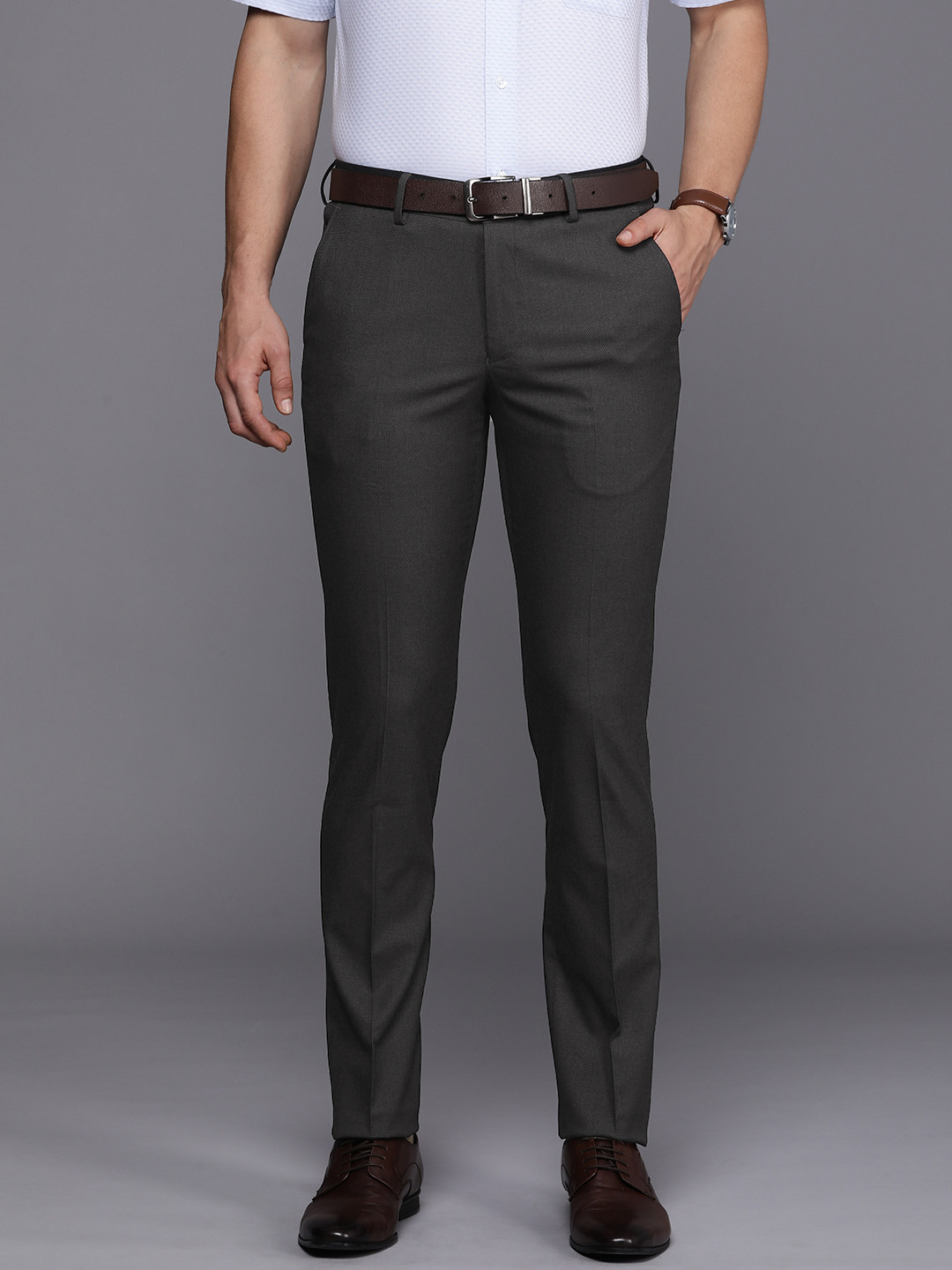 

Louis Philippe Men Self Design Textured Super Slim Fit Formal Trousers, Black