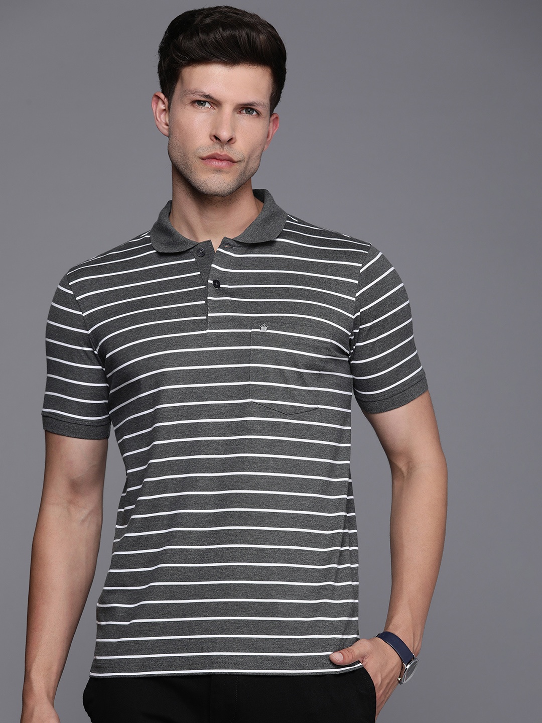 

Louis Philippe Striped Polo Collar Pure Cotton Pocket T-shirt, Grey