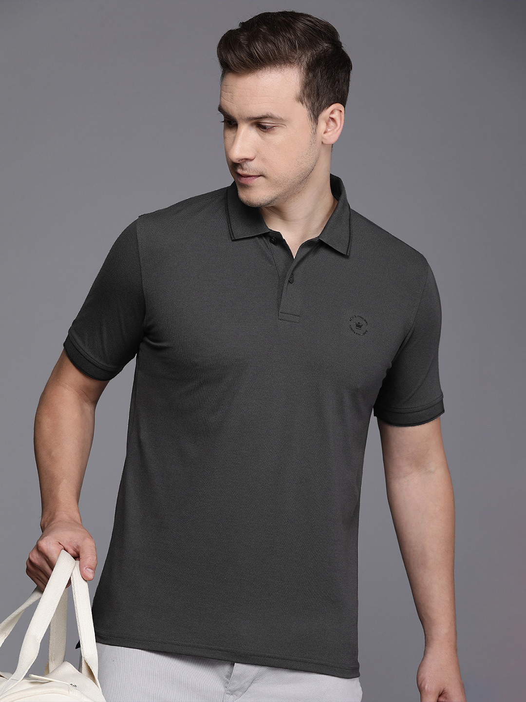 

Louis Philippe Men Solid Polo Collar T-shirt, Grey