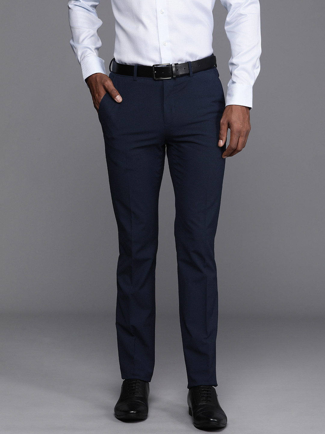 

Louis Philippe Men Super Slim Fit Mid Rise Formal Trousers, Navy blue