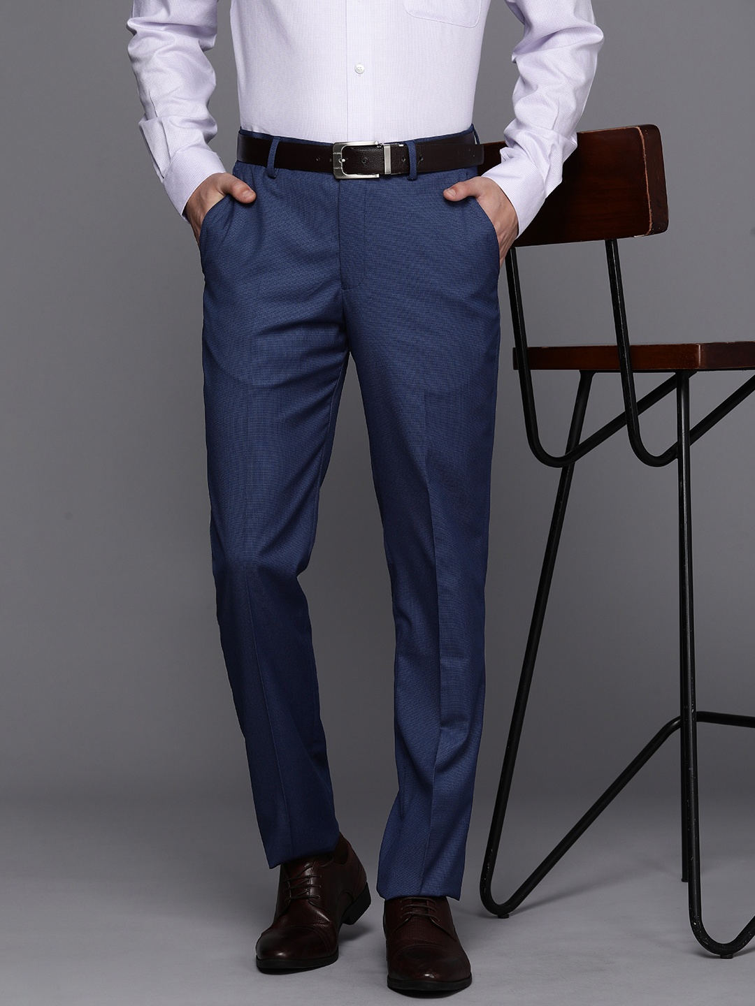 

Louis Philippe Men Textured Slim Fit Formal Trousers, Blue
