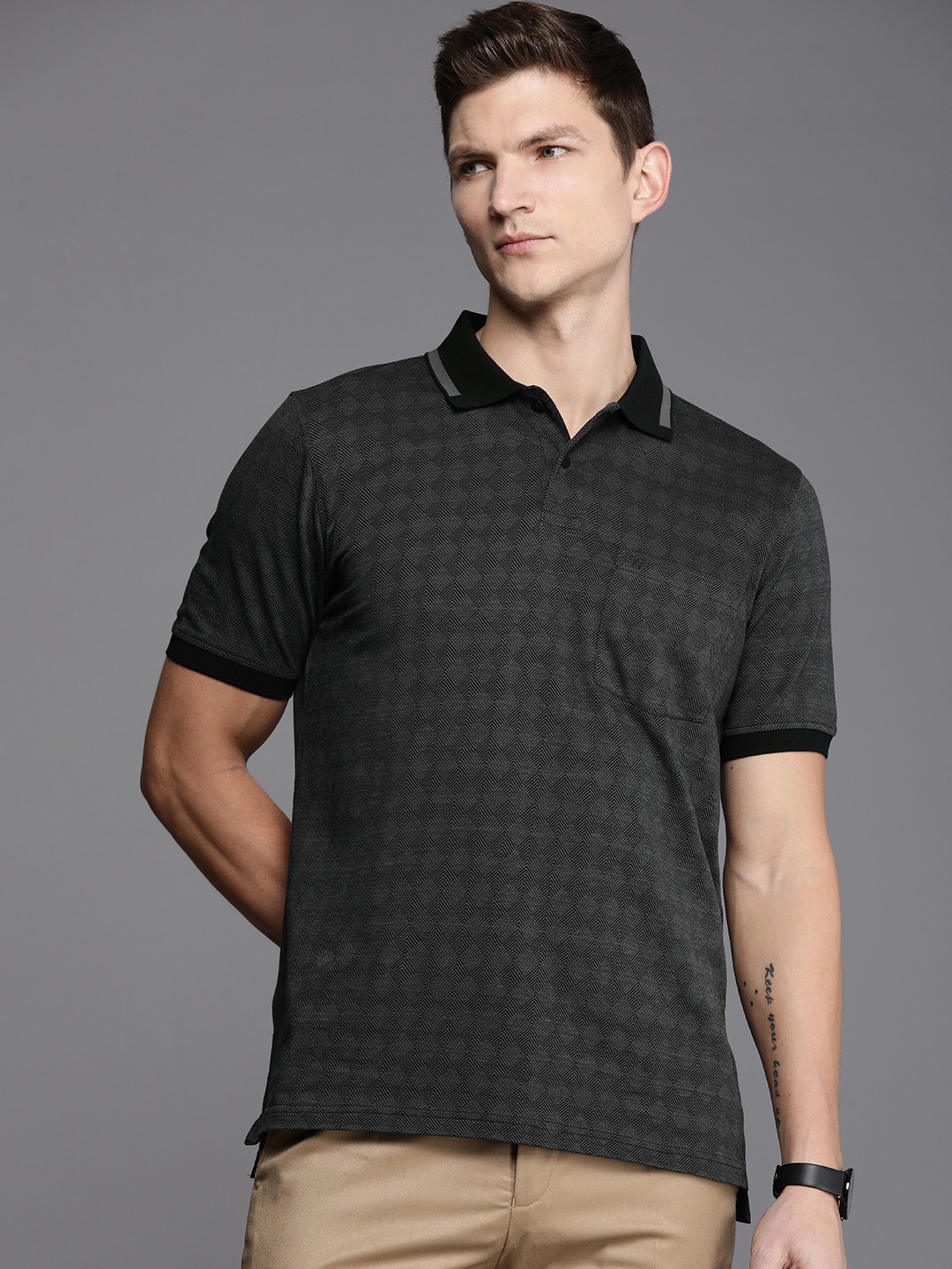 

Louis Philippe Self Design Polo Collar Pure Cotton T-shirt, Black