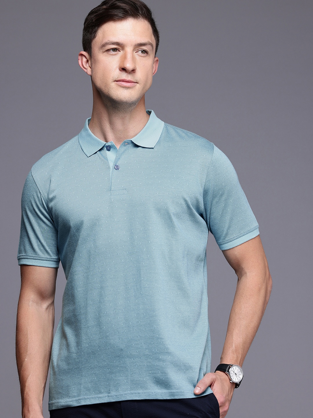 

Louis Philippe Self Design Textured Polo Collar T-shirt, Blue