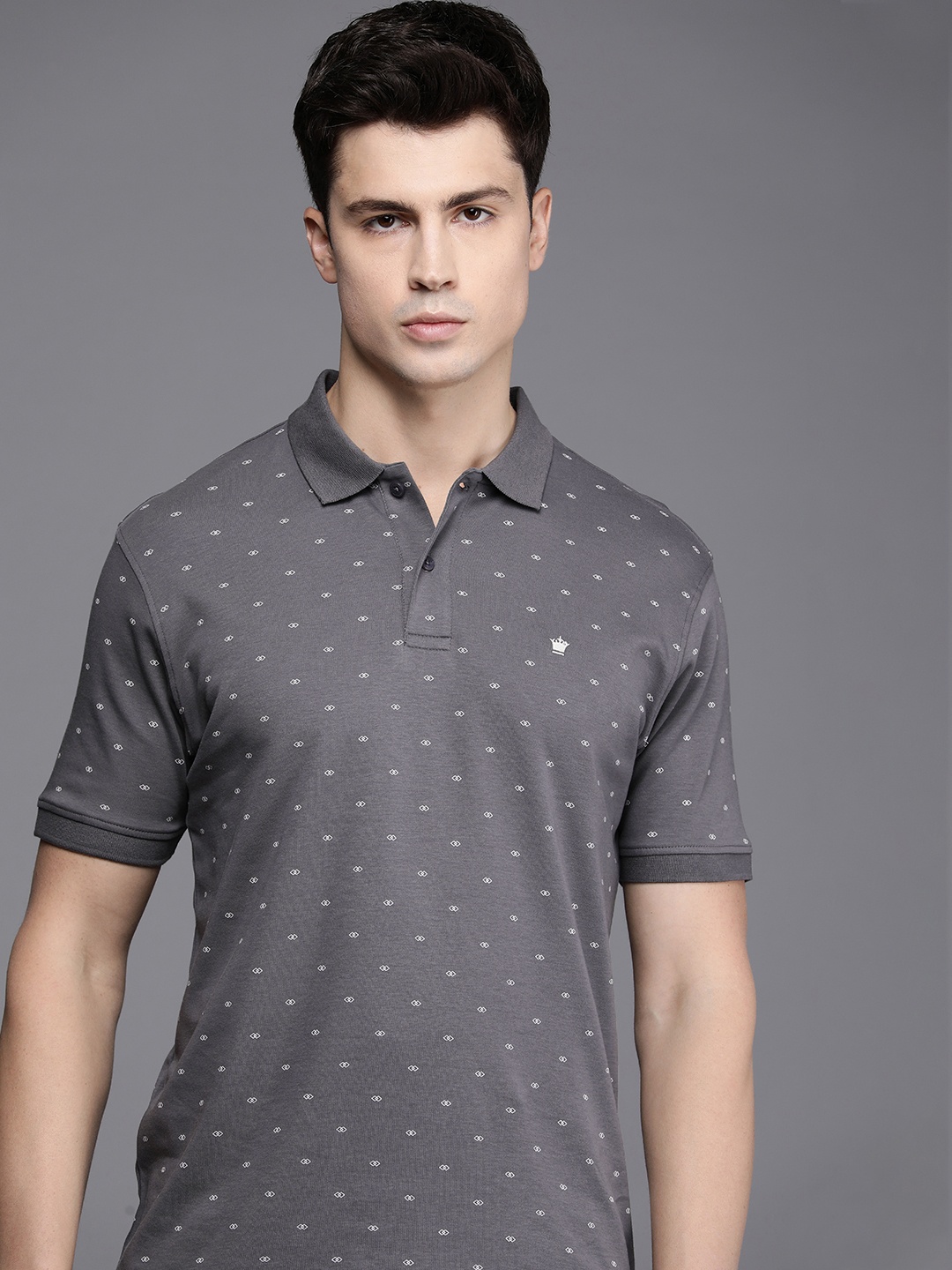 

Louis Philippe Printed Polo Collar Pure Cotton T-shirt, Grey