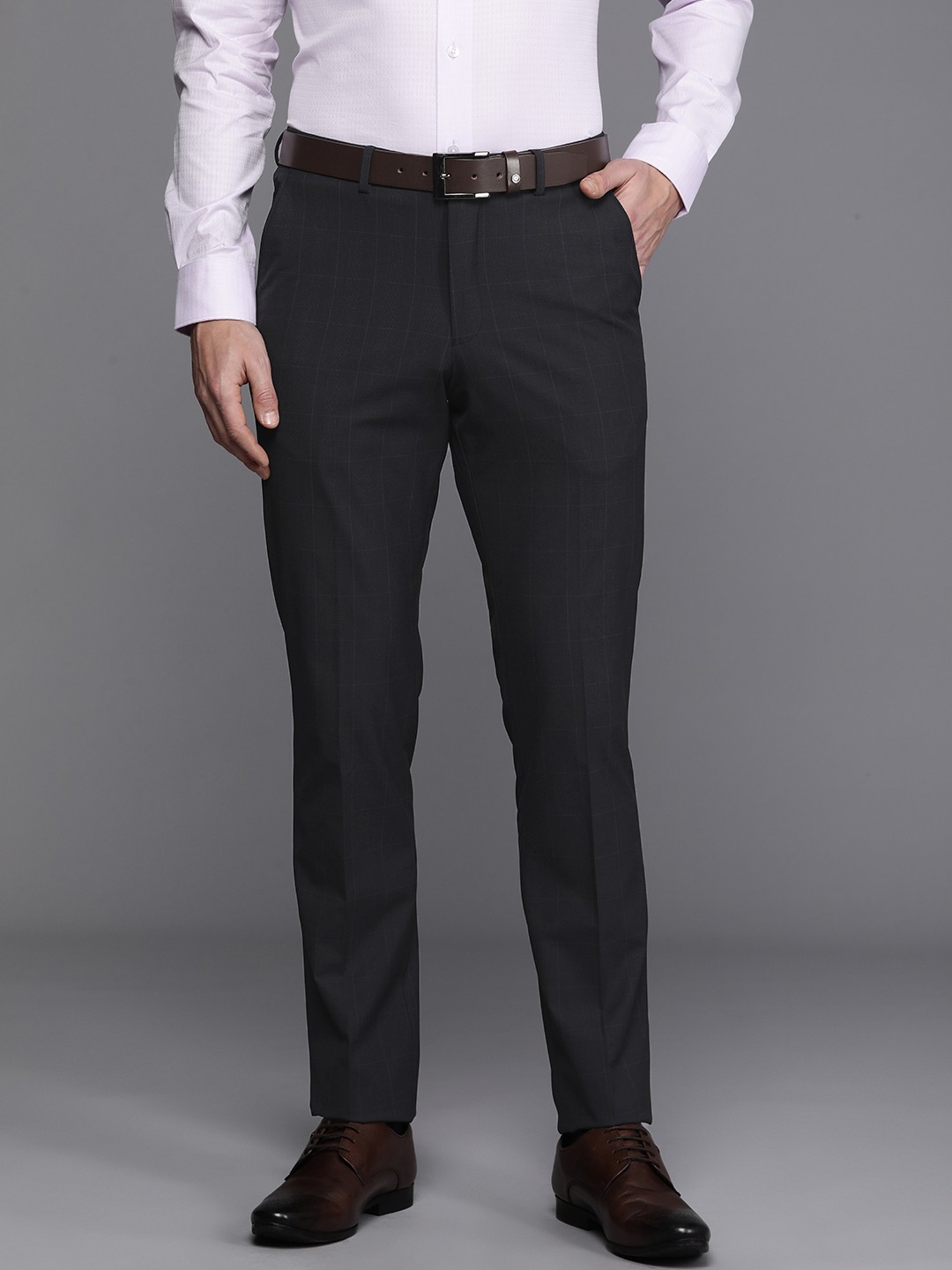 

Louis Philippe Men Checked Slim Fit Formal Trousers, Black