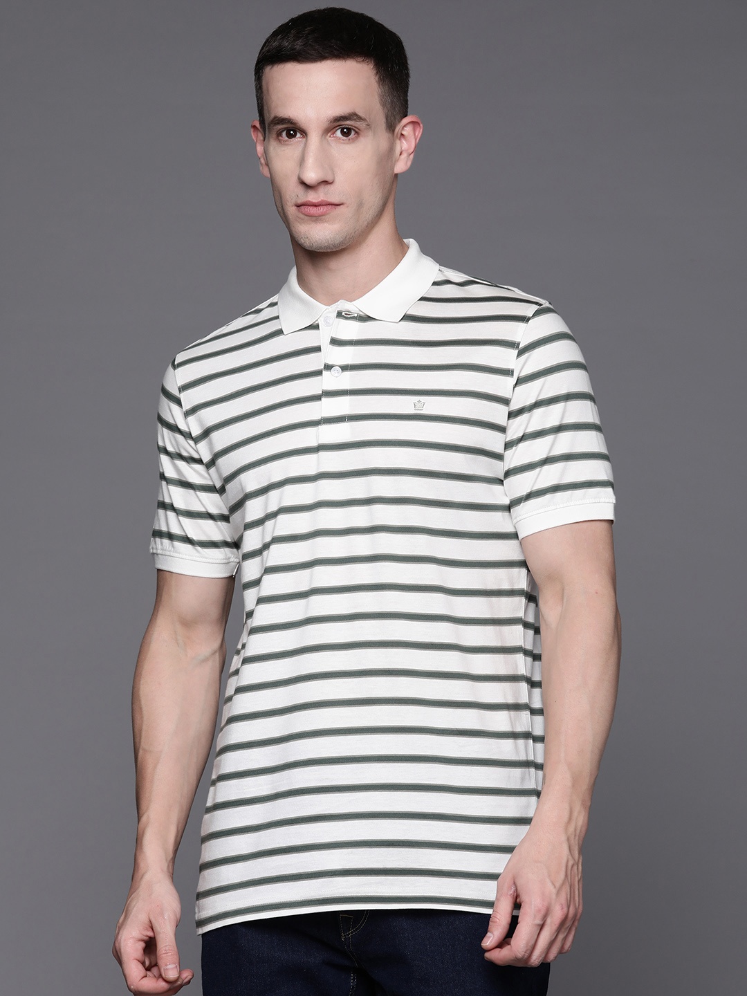 

Louis Philippe Men Striped Polo Collar Pure Cotton T-shirt, Off white