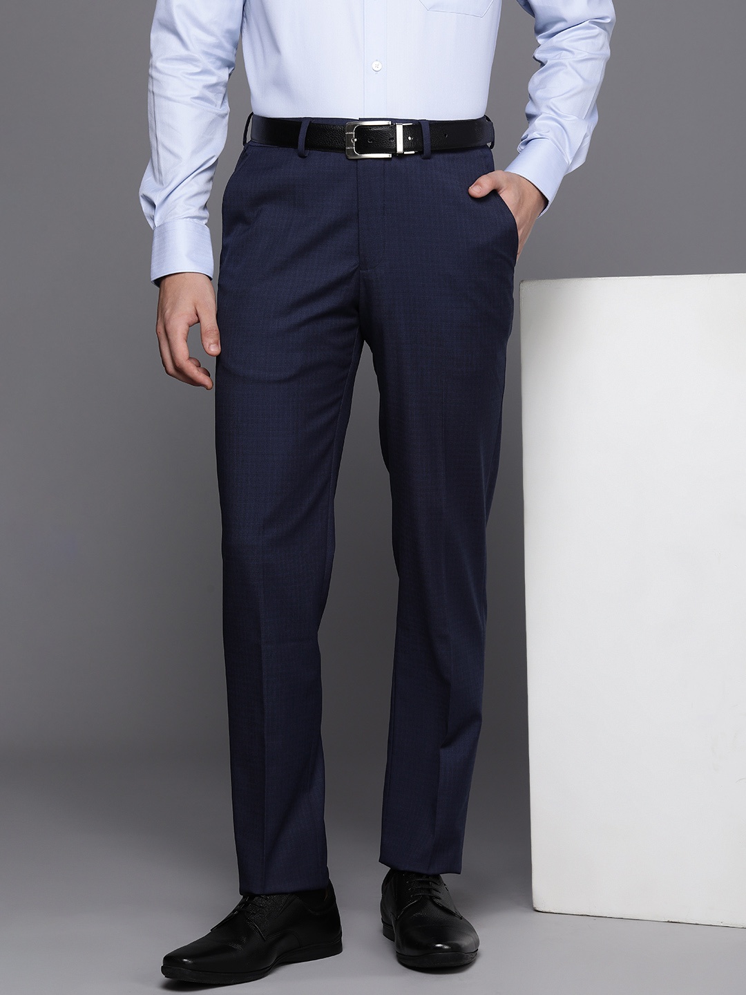 

Louis Philippe Men Self Design Slim Fit Formal Trousers, Navy blue