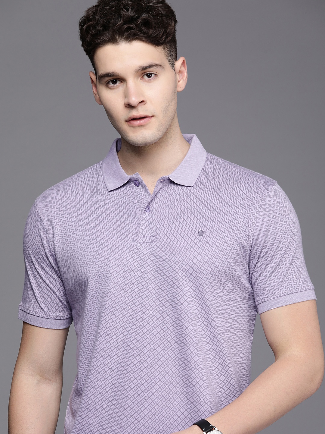Louis Philippe Men Printed Polo Collar Pure Cotton T-shirt, Lavender