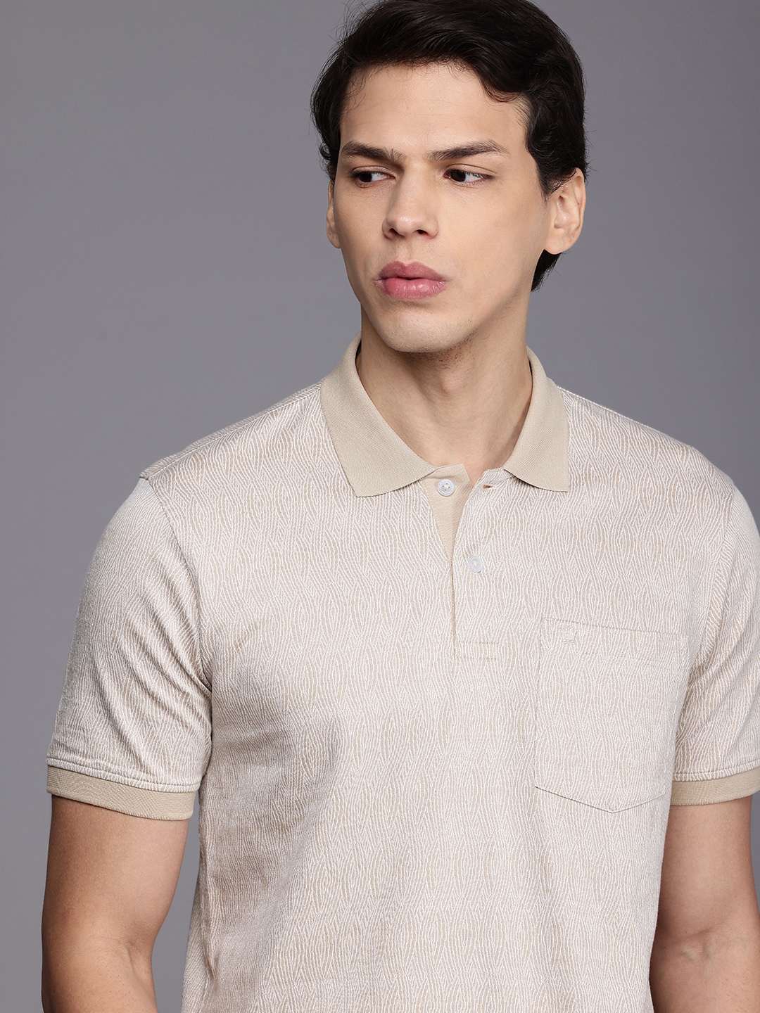 

Louis Philippe Geometric Self Designed Polo Collar Pure Cotton T-shirt, Beige