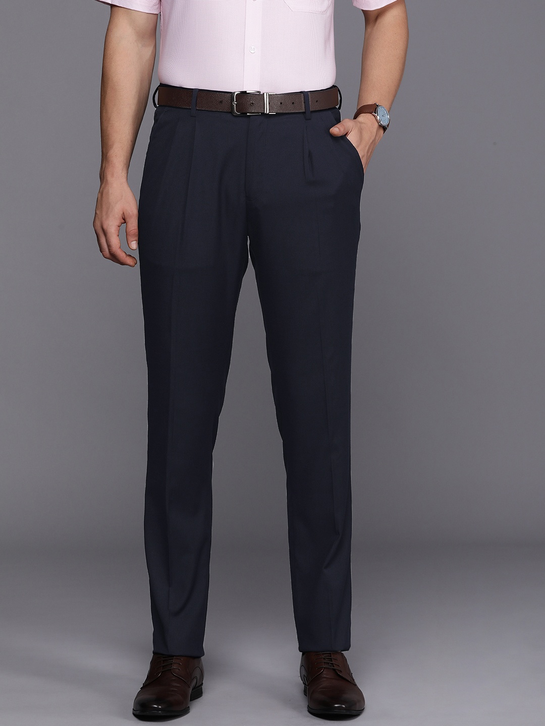 

Louis Philippe Men Self Design Textured Formal Trousers, Navy blue