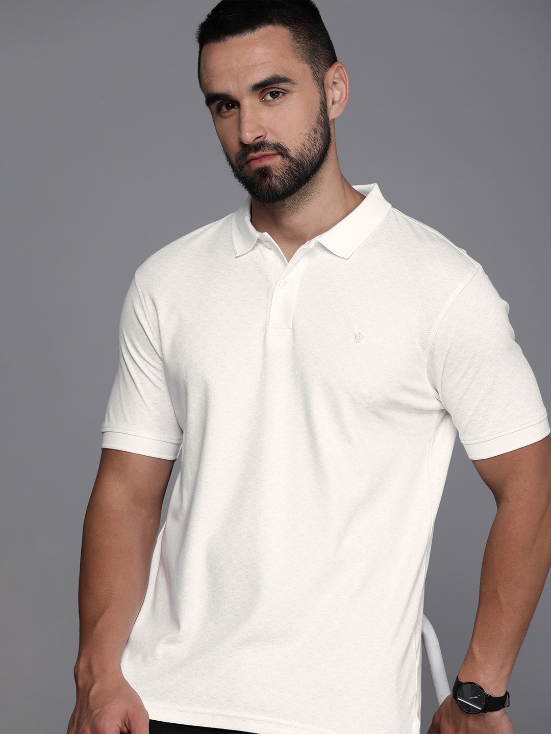 

Louis Philippe Pure Cotton Geometric Printed Polo Collar T-shirt, White