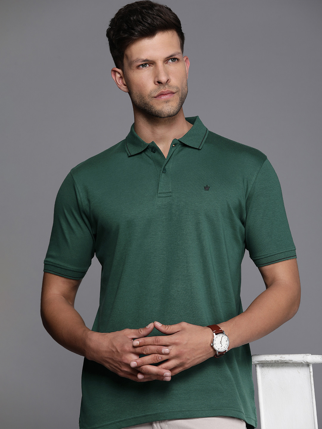 

Louis Philippe Pure Cotton Solid Polo Collar Casual T-shirt, Green