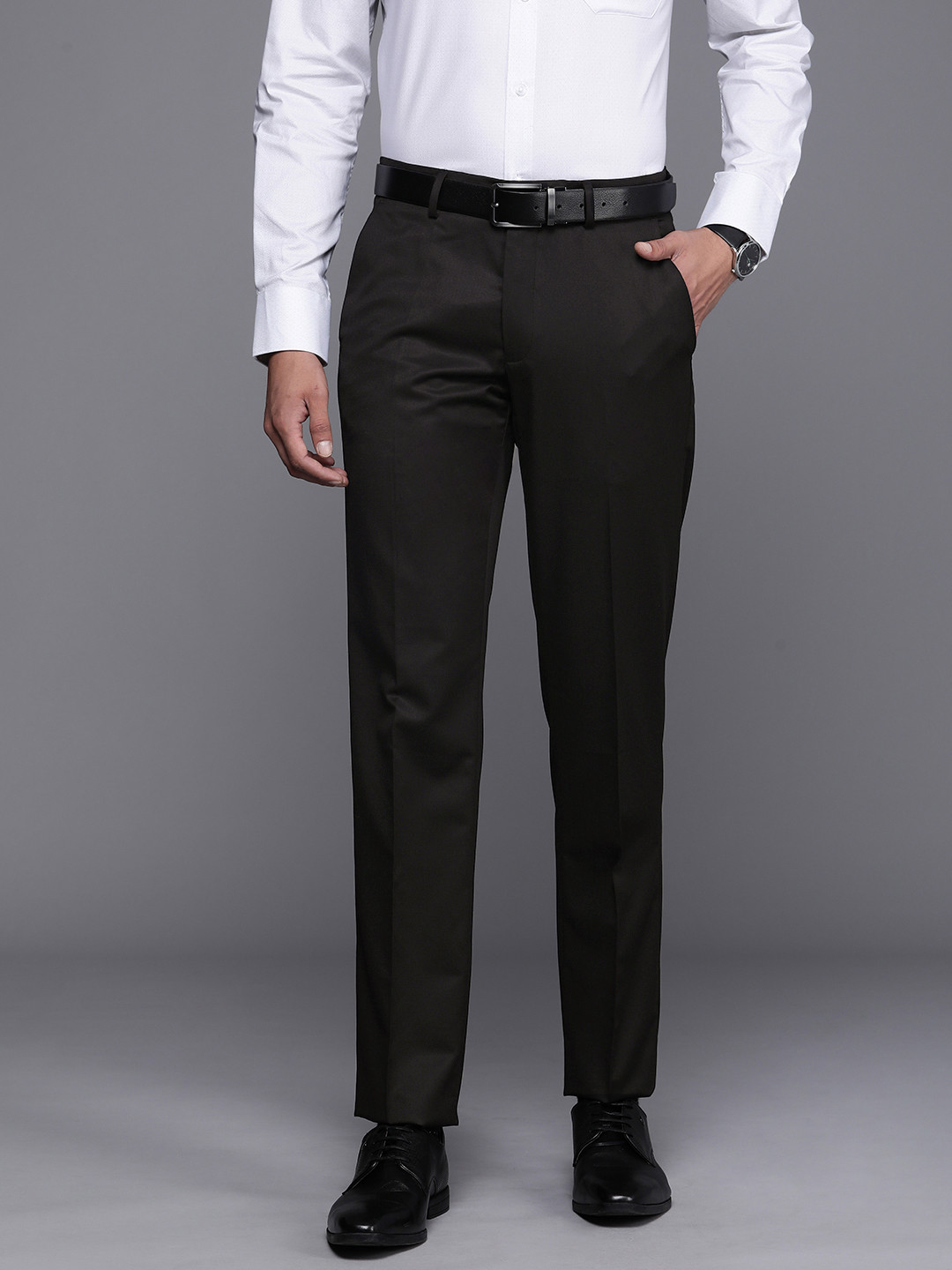 

Louis Philippe Men Solid Mid-Rise Formal Trousers, Black