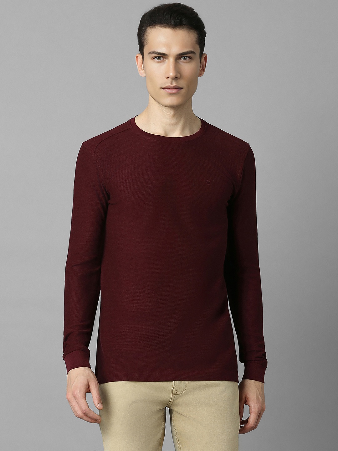 

Louis Philippe Self-Design Pure Cotton Slim Fit T-shirt, Maroon