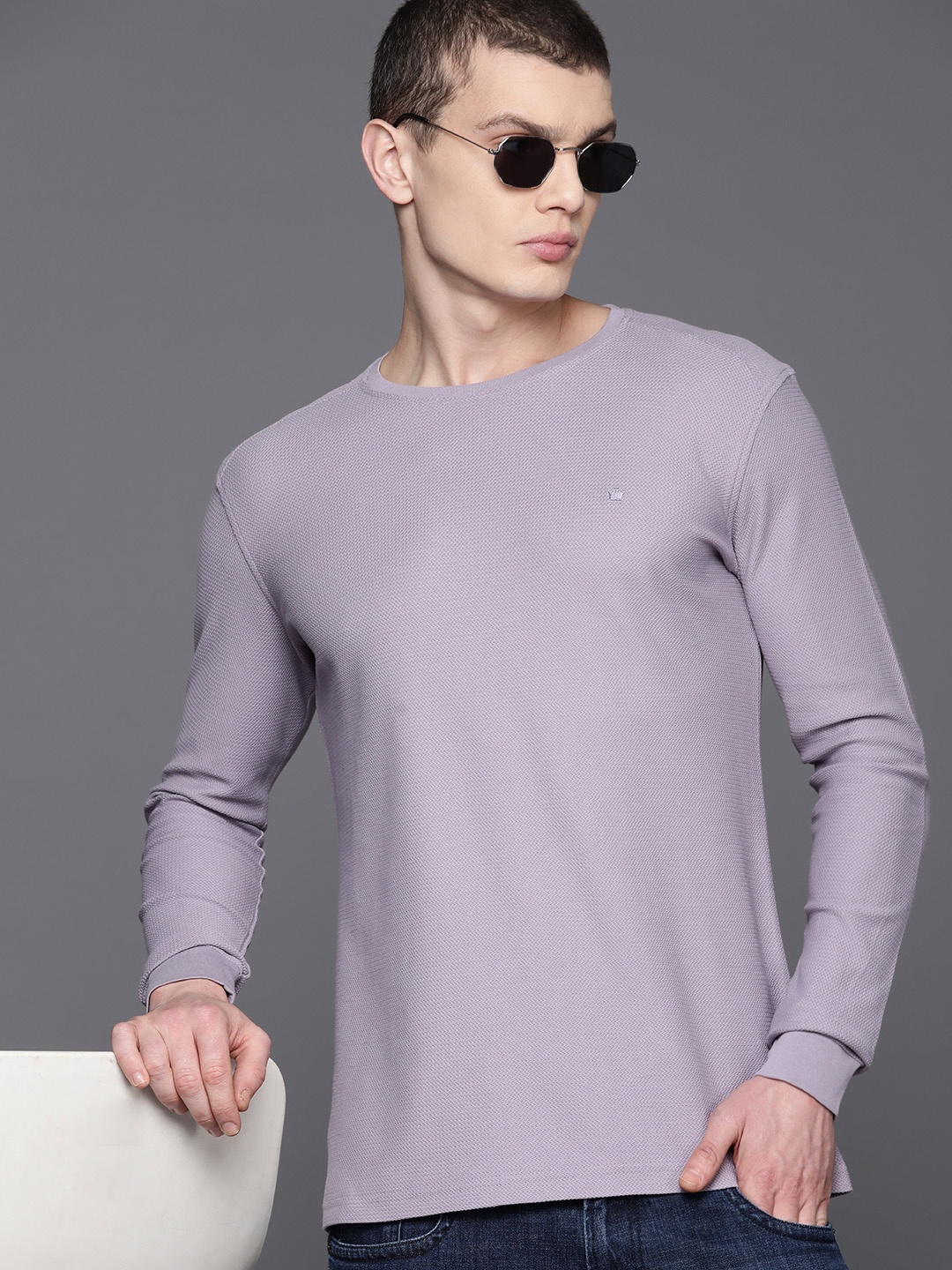 

Louis Philippe Self-Design Pure Cotton Slim Fit T-shirt, Lavender