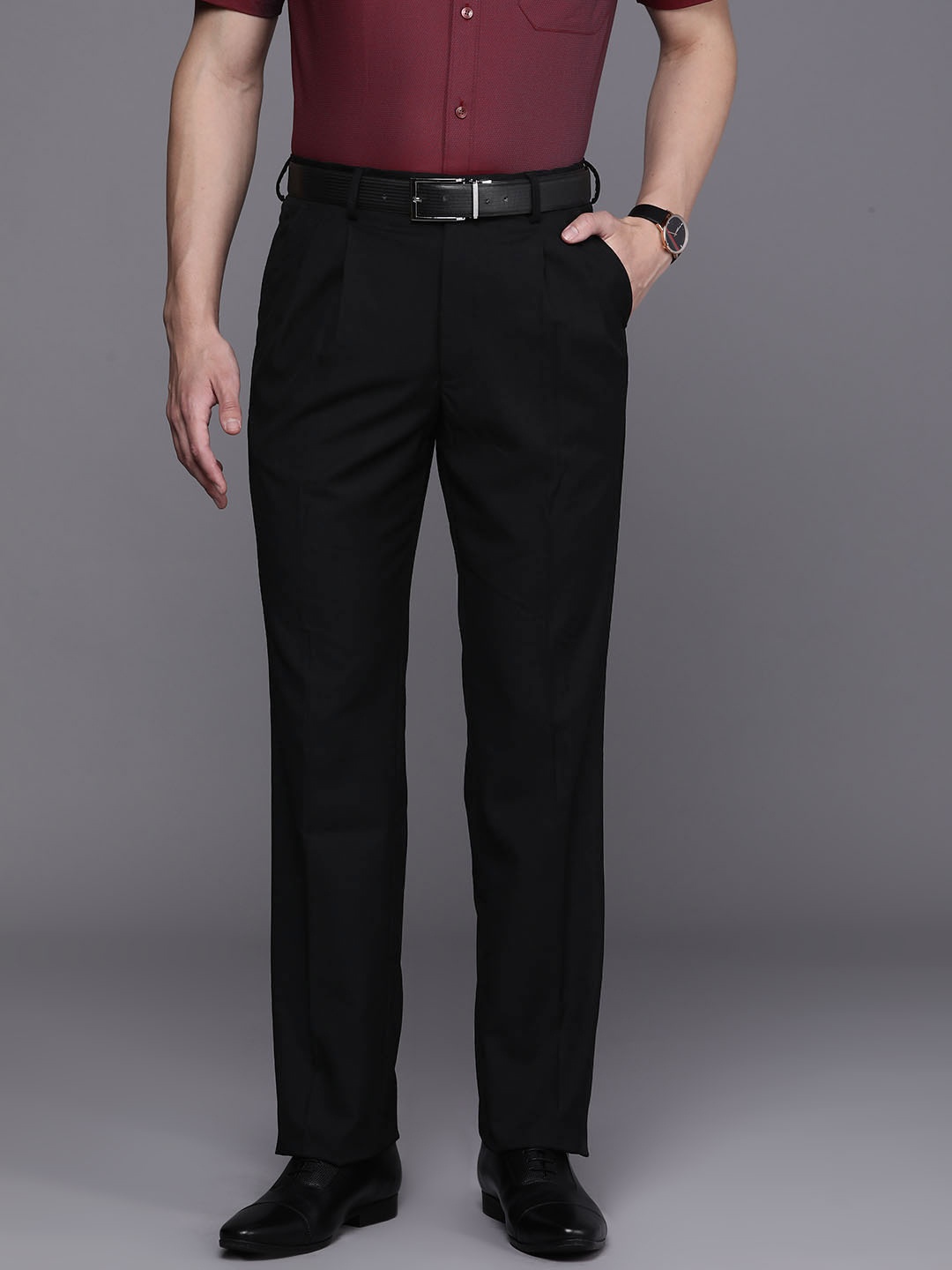 

Louis Philippe Men Mid-Rise Classic Fit Formal Trousers, Black