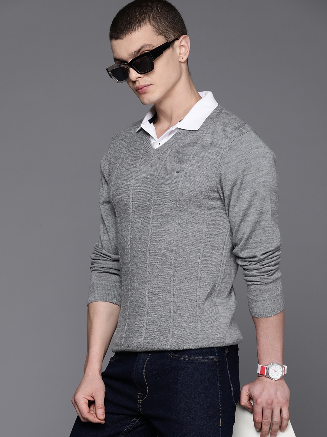 

Louis Philippe Men Cable Knit Woollen Pullover, Grey