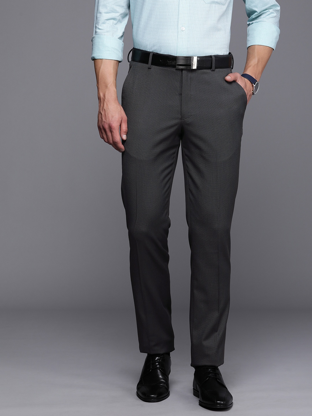 

Louis Philippe Men Self Design Textured Slim Fit Formal Trousers, Grey