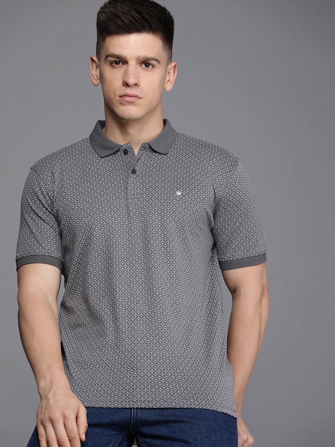 

Louis Philippe Printed Polo Collar Pure Cotton T-shirt, Grey