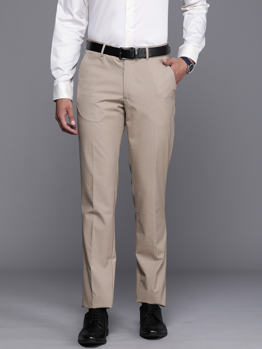 

Louis Philippe Men Textured Slim Fit Formal Trousers, Beige