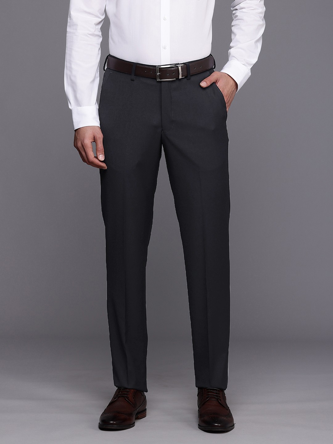 

Louis Philippe Men Checked Slim Fit Formal Trousers, Navy blue