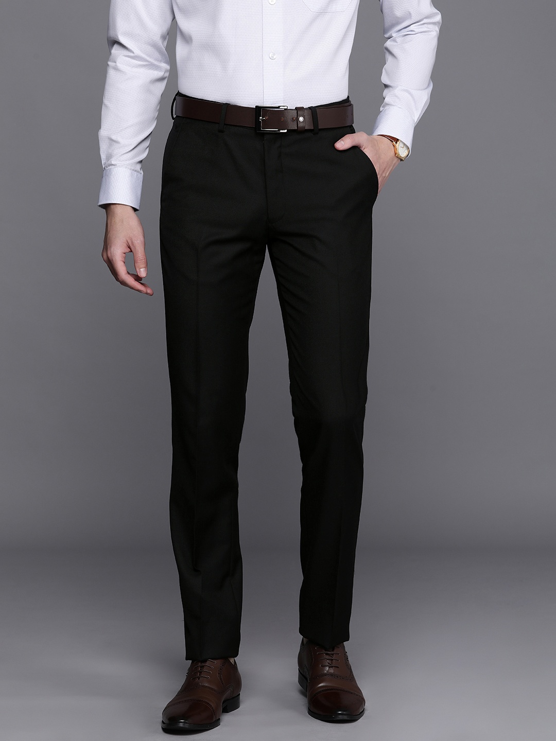 

Louis Philippe Men Solid Slim Fit Formal Trousers, Black