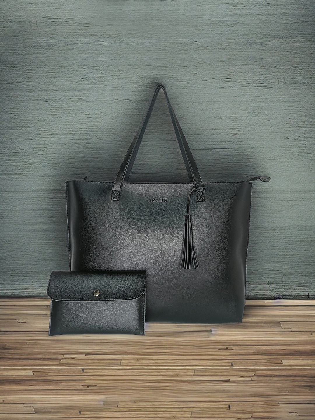 

IMARS Textured Tasselled Structured Tote Bag & Pouch, Black