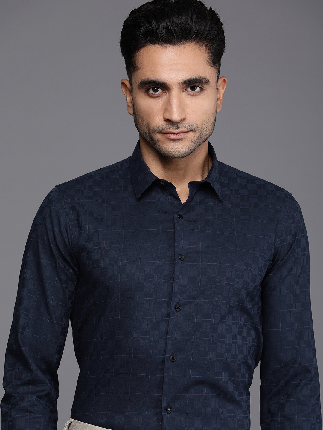 

Louis Philippe Ath.Work Super Slim Fit Opaque Checked Formal Shirt, Navy blue