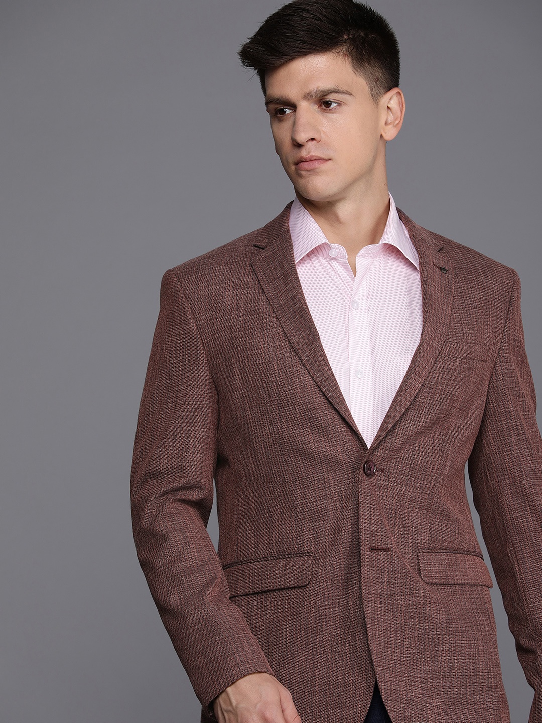 

Louis Philippe Self Design Checked Single Breasted Slim Fit Formal Blazer, Rust