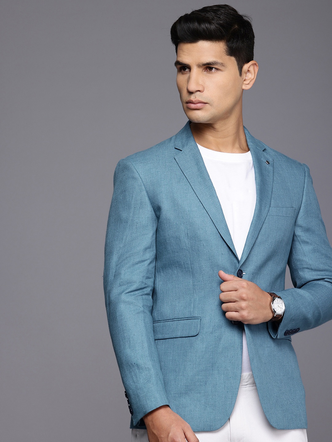 

Louis Philippe Linen Slim Fit Single Breasted Formal Blazer, Blue