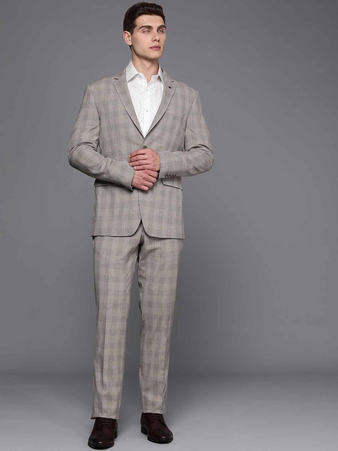

Louis Philippe Men Checked Slim Fit Formal Suits, Beige