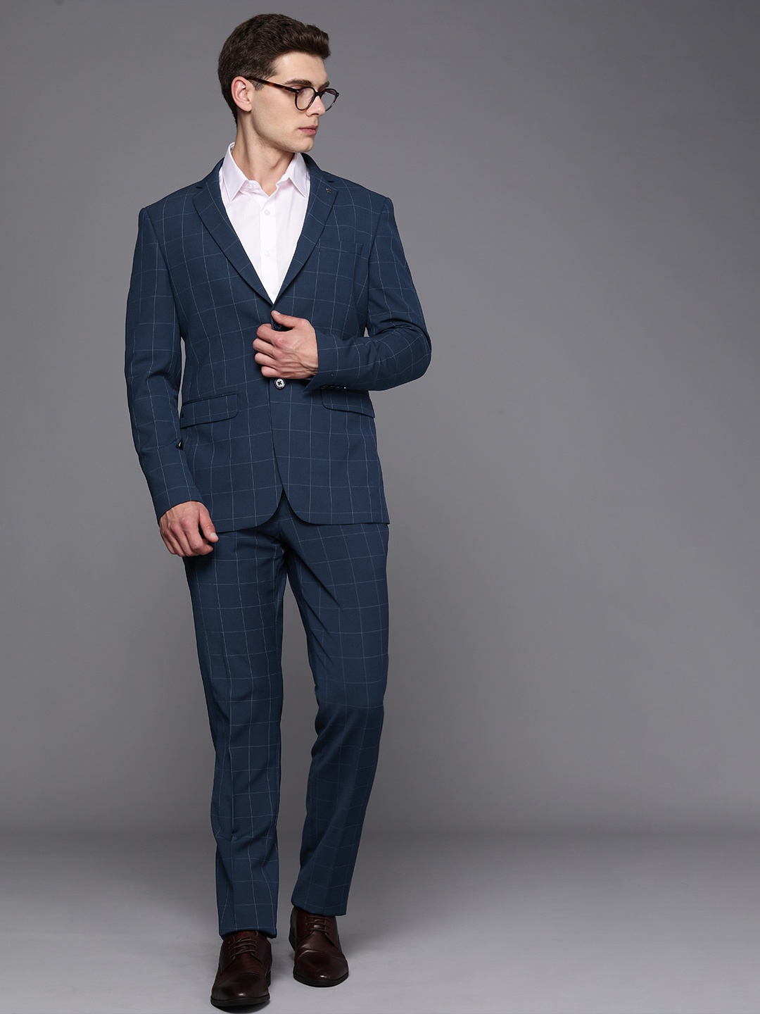 

Louis Philippe Men Checked Slim Fit Formal Suit, Navy blue