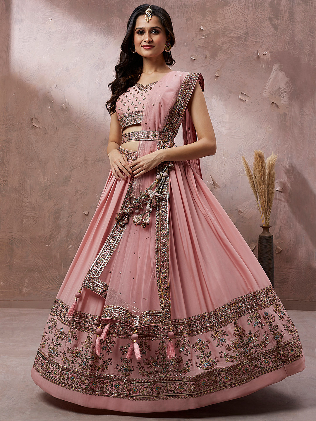 

panchhi Embroidered Sequinned Semi-Stitched Lehenga & Unstitched Blouse With Dupatta, Pink