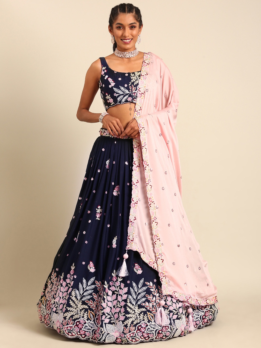 

panchhi Embroidered Sequinned Semi-Stitched Lehenga & Unstitched Blouse With Dupatta, Navy blue