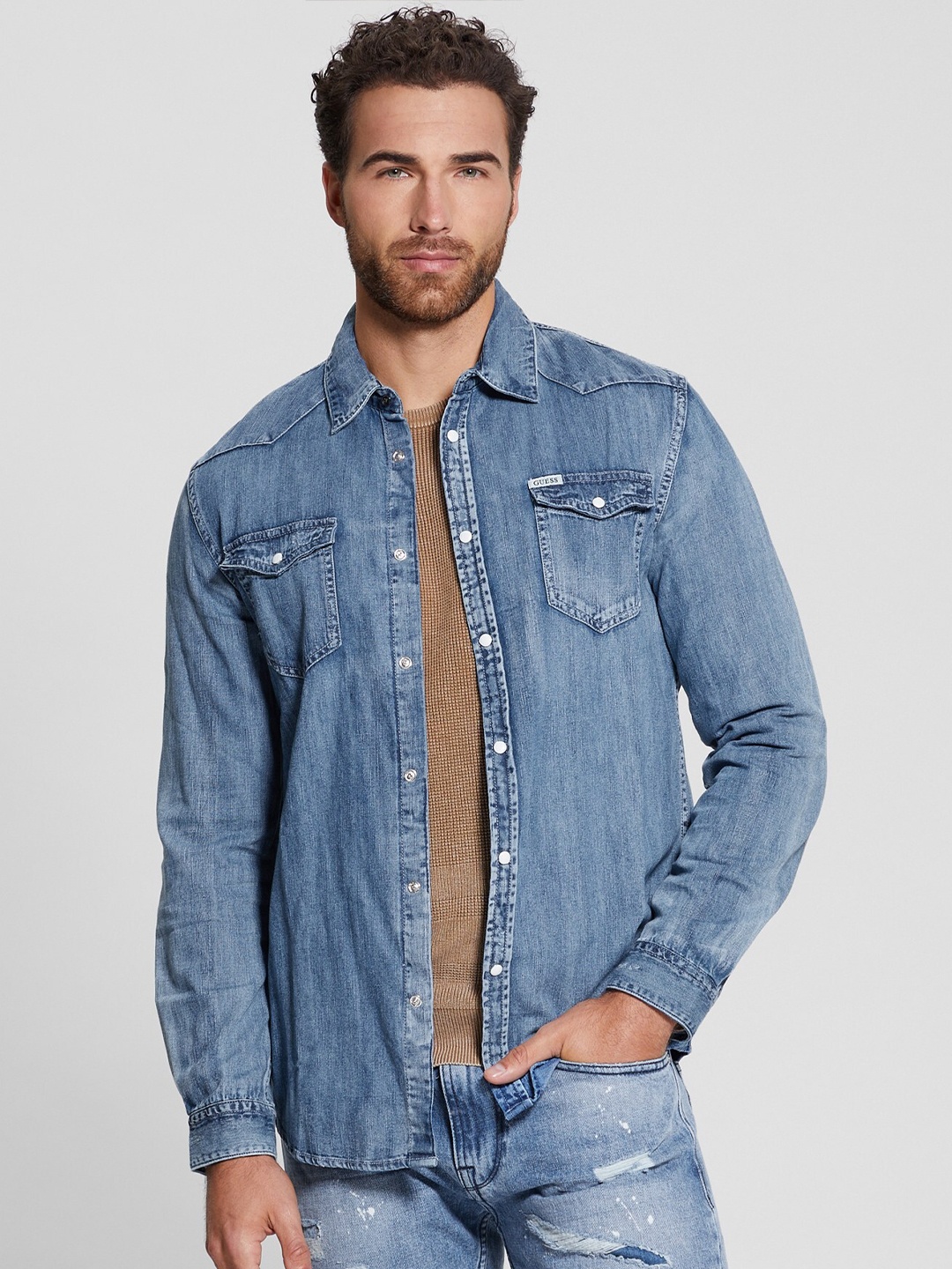 

GUESS Spread Collar Slim Fit Pure Cotton Denim Casual Shirt, Blue