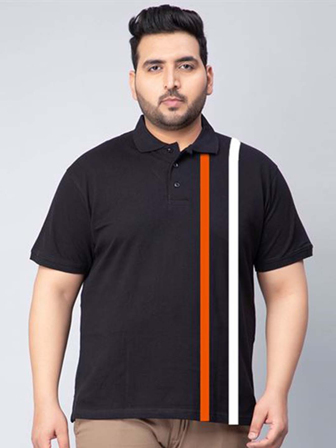 

Toodle Plus Size Striped Polo Collar Cotton T-shirt, Black