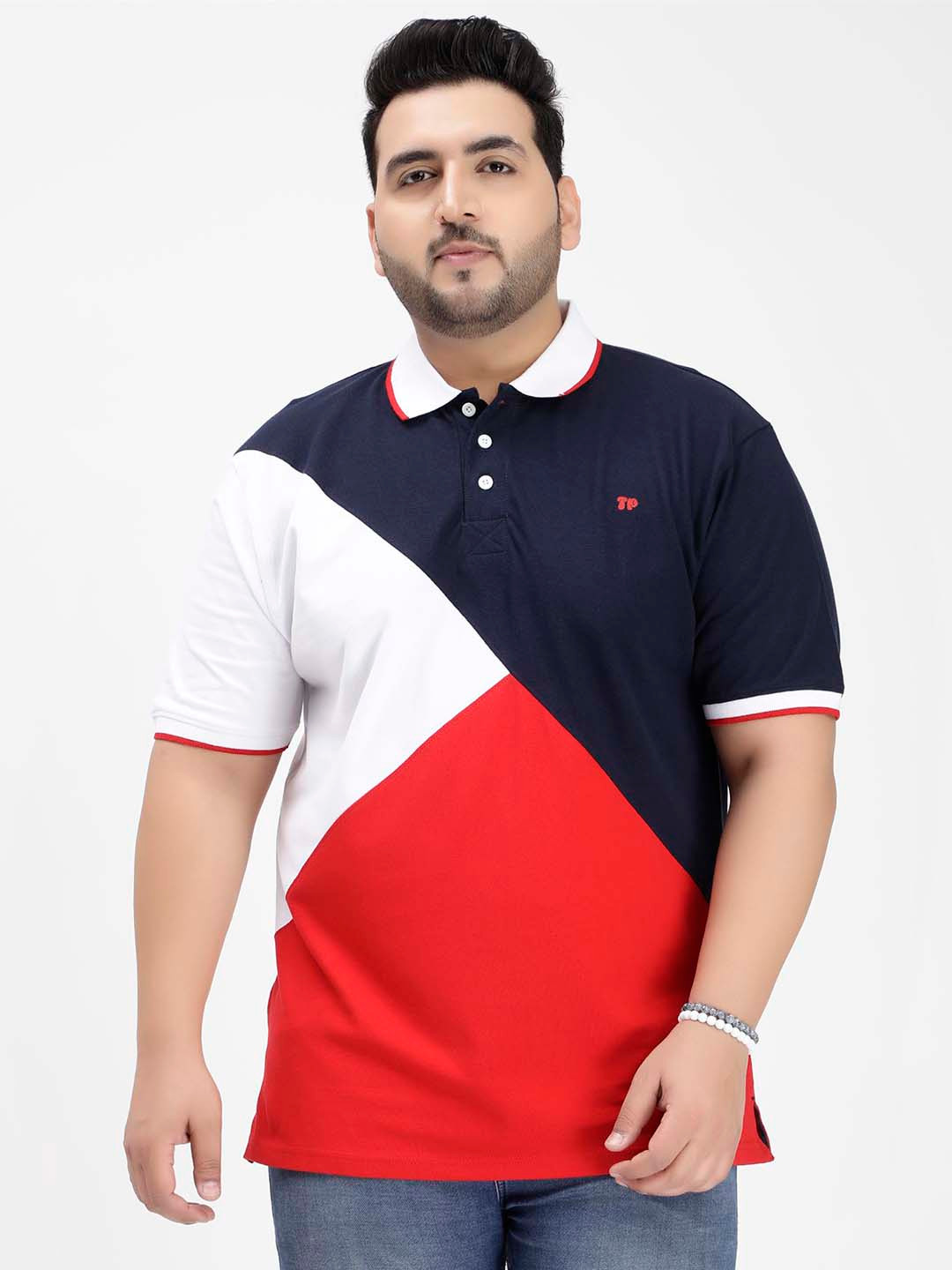 

Toodle Plus Plus Size Colourblocked Polo Collar Casual Cotton T-shirt, Navy blue