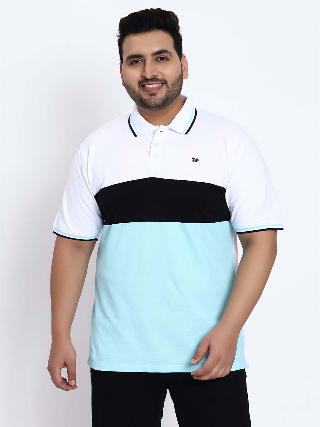 

Toodle Plus Size Colourblocked Polo Collar Cotton T-shirt, Blue