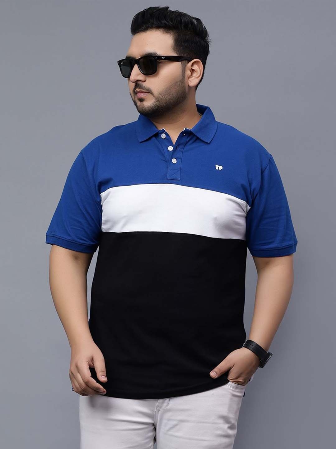 

Toodle Plus Size Colourblocked Polo Collar Cotton T-shirt, Blue