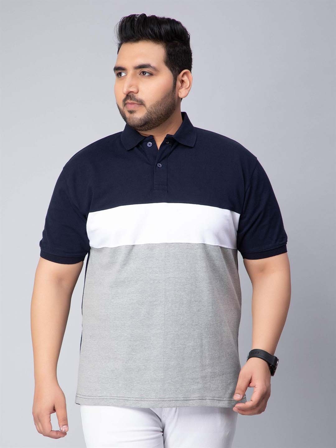 

Toodle Plus Size Colourblocked Polo Collar Cotton T-shirt, Navy blue
