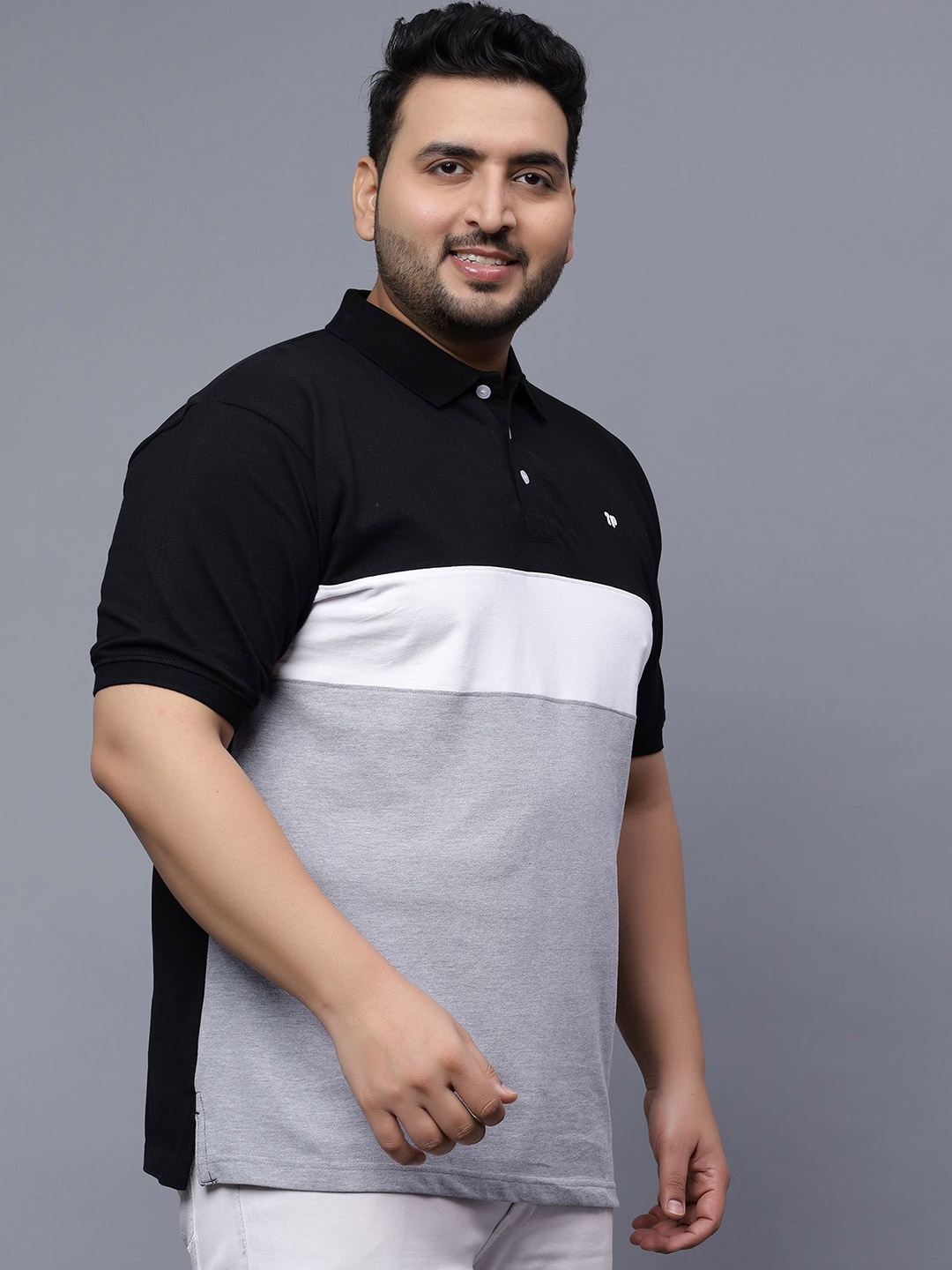 

Toodle Plus Plus Size Colourblocked Polo Collar Casual Cotton T-shirt, Black