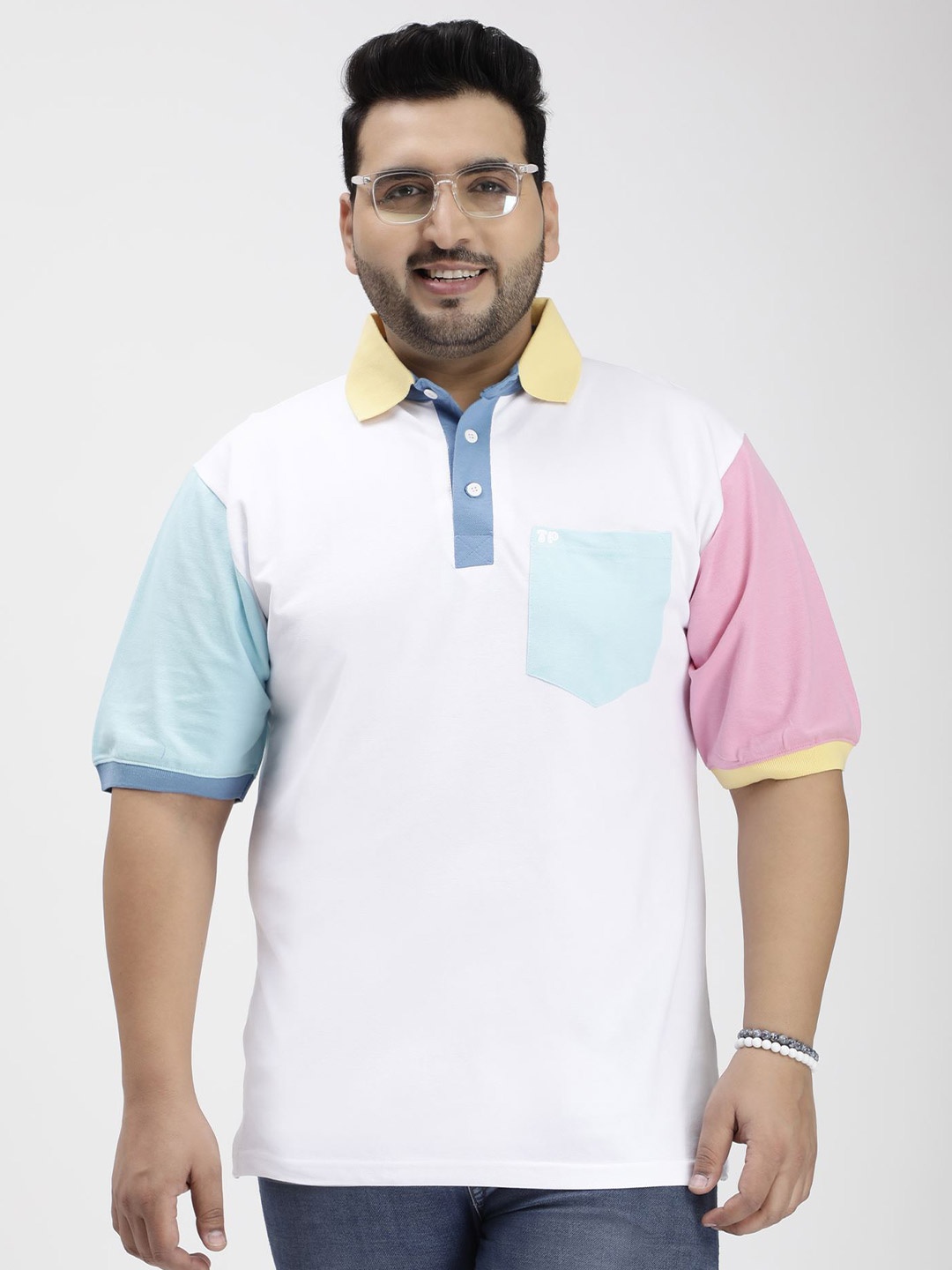 

Toodle Plus Size Colourblocked Polo Collar Cotton T-shirt, White