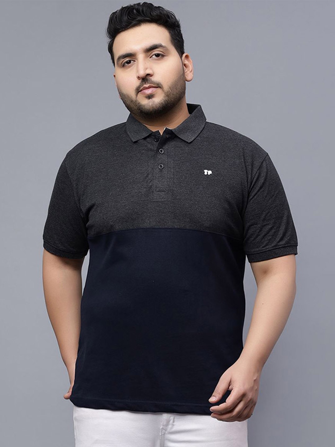 

Toodle Plus Size Colourblocked Polo Collar Cotton T-shirt, Grey