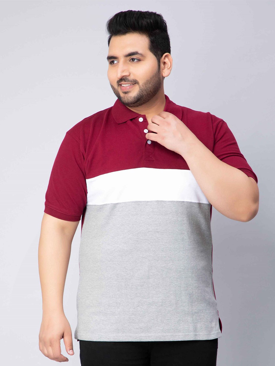 

Toodle Plus Size Colourblocked Polo Collar Cotton T-shirt, Maroon