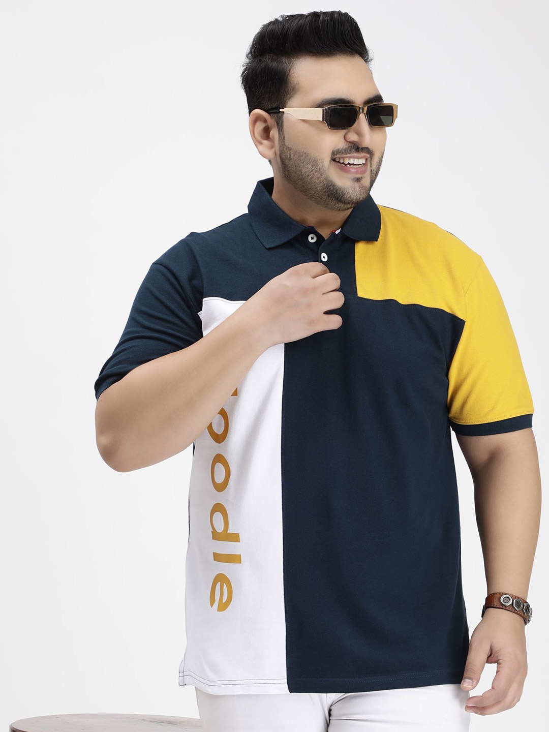 

Toodle Plus Size Colourblocked Polo Collar Cotton T-shirt, Mustard