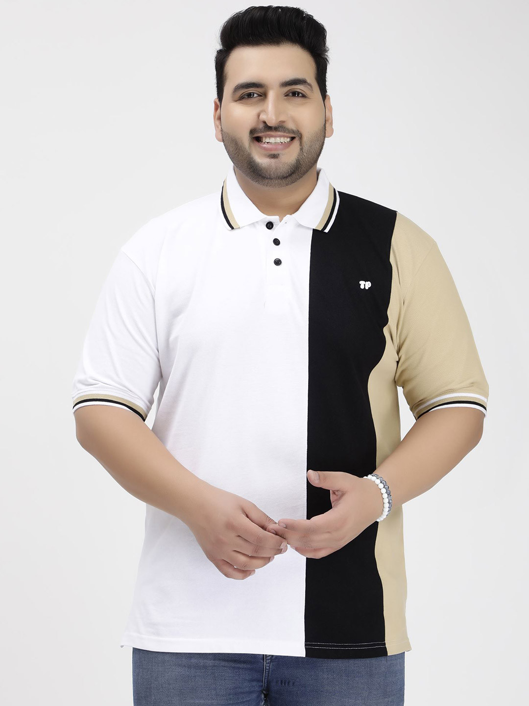 

Toodle Plus Size Colourblocked Polo Collar Cotton T-shirt, Beige