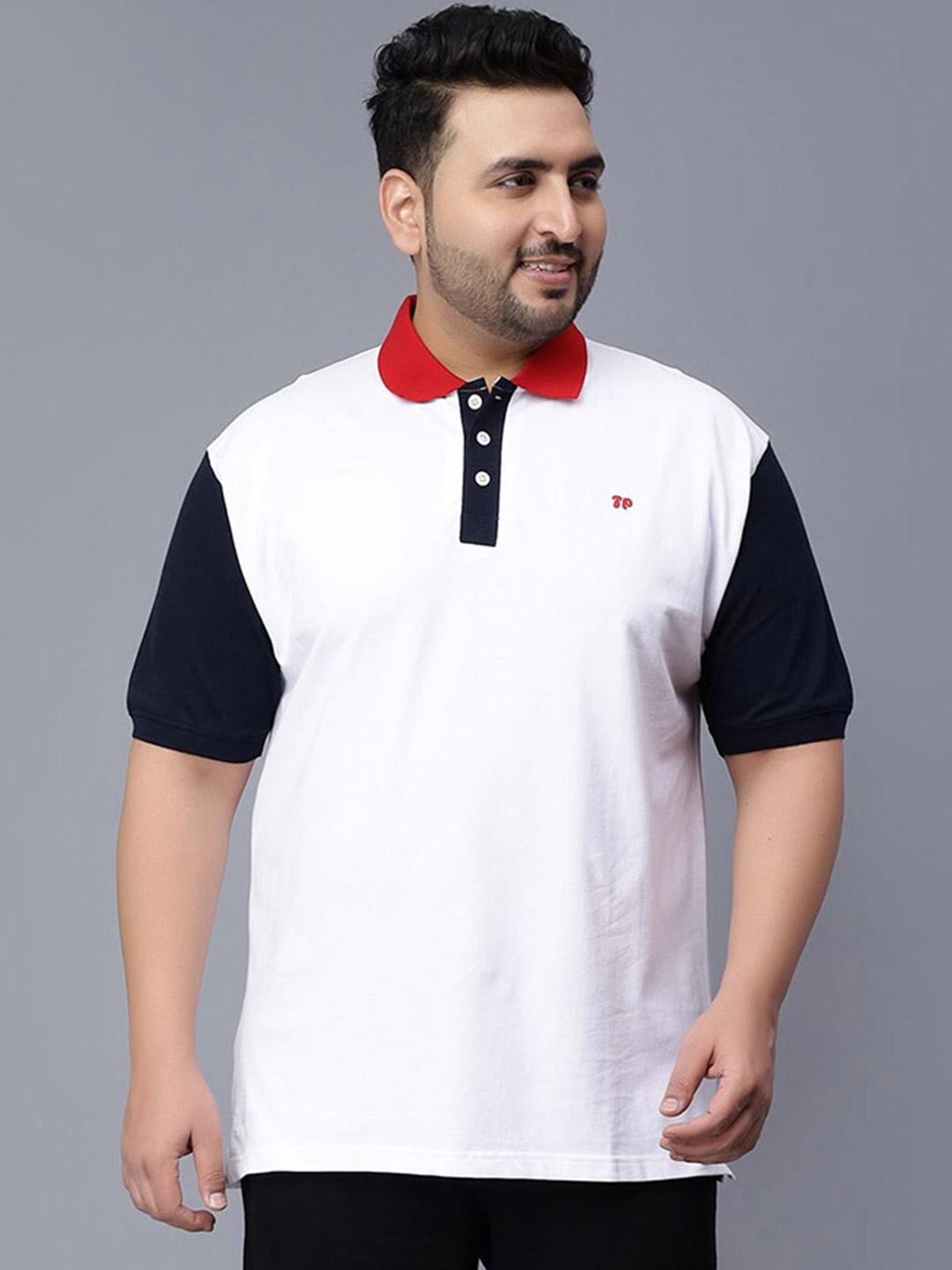 

Toodle Plus Size Colourblocked Polo Collar Cotton T-shirt, White